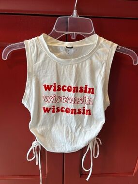 Wisconsin Tie-Side Crop Tank Top - White/Red - Size Small